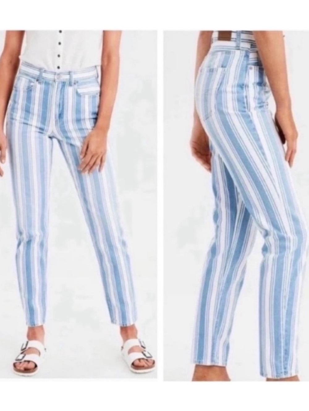 American Eagle Mom Jeans in Retro Indigo Stripe blue white high rise size four